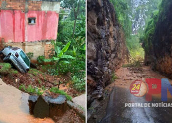 Chuvas causam alagamentos e deslizamentos em Cachoeiro; carro cai em buraco e ponte fica interditada